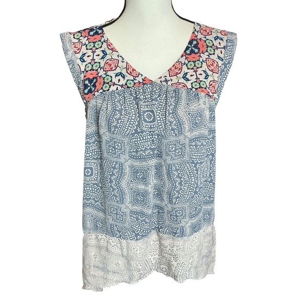 Knox Rose Patchwork Blouse Top Blue Beige Mixed Print Shark Bite Hem Sleeveless - Picture 1 of 16